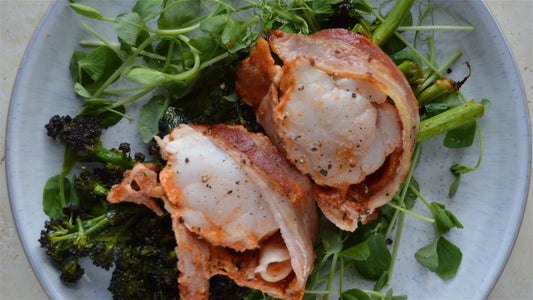 Bacon wrapped Monkfish with red pesto & mozzarella